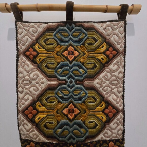 Vintage Swedish Folk Ark Handmade Woven Wool Wall Hanging with Bamboo Rod - Picture 2 of 16